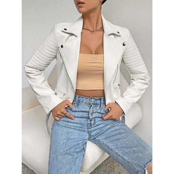 BohoGypsyDreamer.com Jackets & Blazers - Lapel Collar Belted Zip Up vegan leather Moto Jacket white